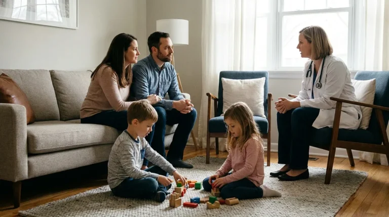 Famille de quatre personnes avec deux enfants lors d'une consultation médicale dans un cabinet de ville