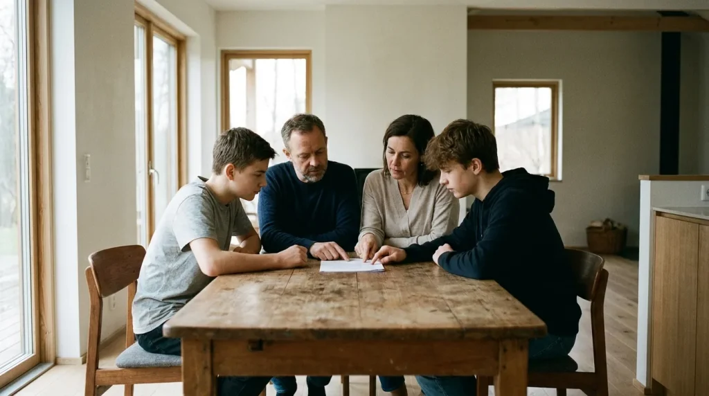 Famille consultant un document administratif relatif à leur mutuelle d'entreprise familiale