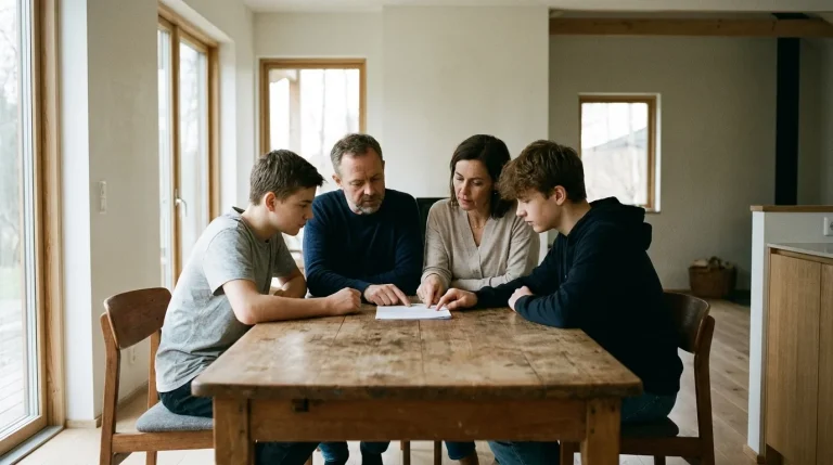 Famille consultant un document administratif relatif à leur mutuelle d'entreprise familiale