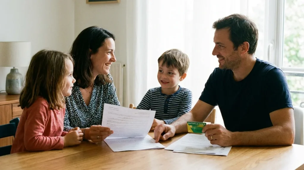 Famille de quatre personnes autour d'une table avec des documents de mutuelle santé