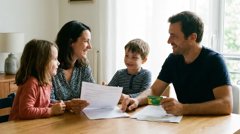 Famille de quatre personnes autour d'une table avec des documents de mutuelle santé