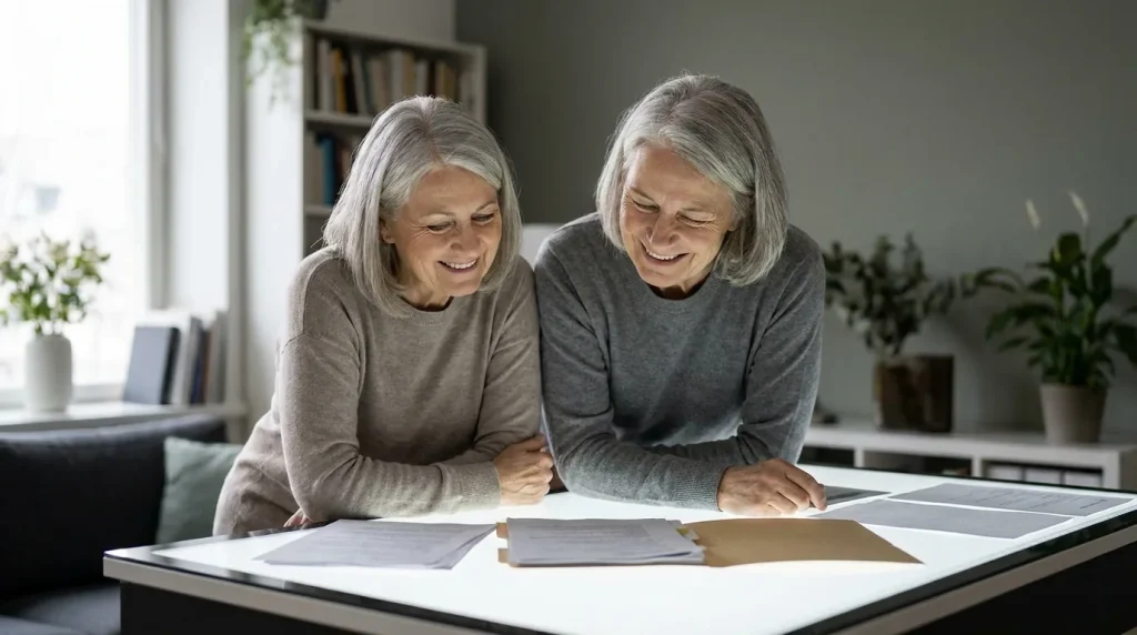 Couple de seniors consultant des documents de complémentaire santé à une table lumineuse