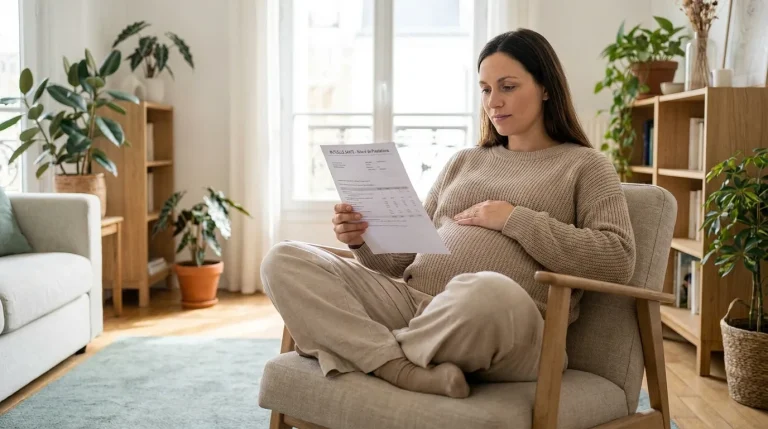 Femme enceinte consultant un document de remboursement de complémentaire santé dans un intérieur lumineux