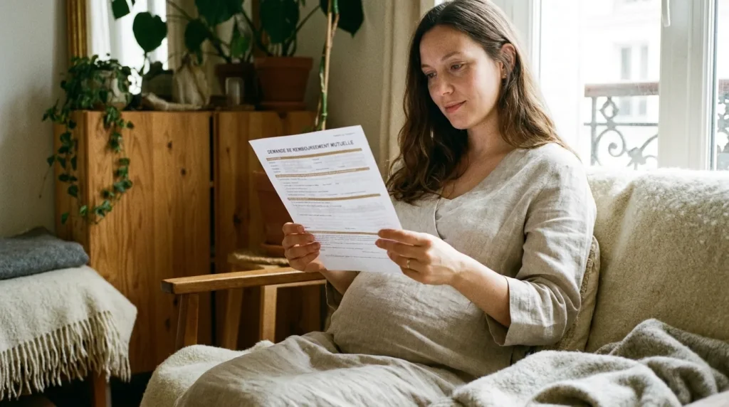 Femme enceinte consultant un document de remboursement de mutuelle maternité