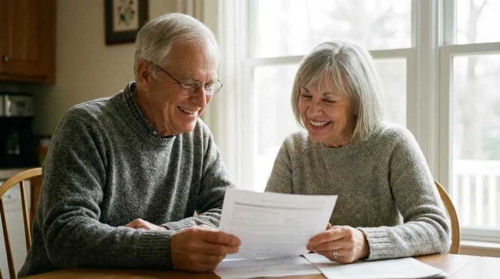Couple de seniors consultant des documents de complémentaire santé à la maison, lumière naturelle