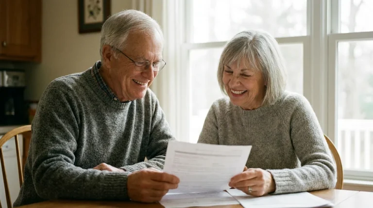 Couple de seniors consultant des documents de complémentaire santé à la maison, lumière naturelle