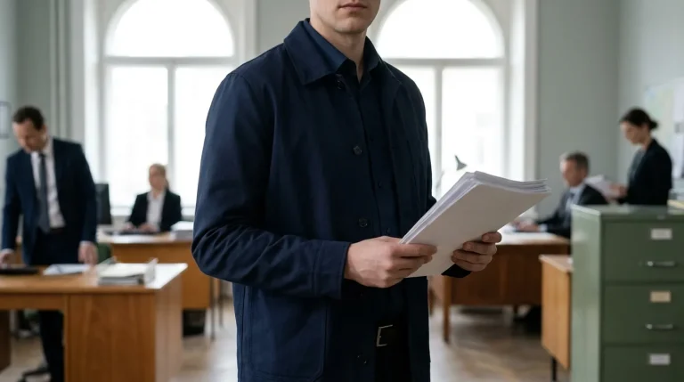 Agent public consultant un document administratif dans un bureau de mairie ou de ministère