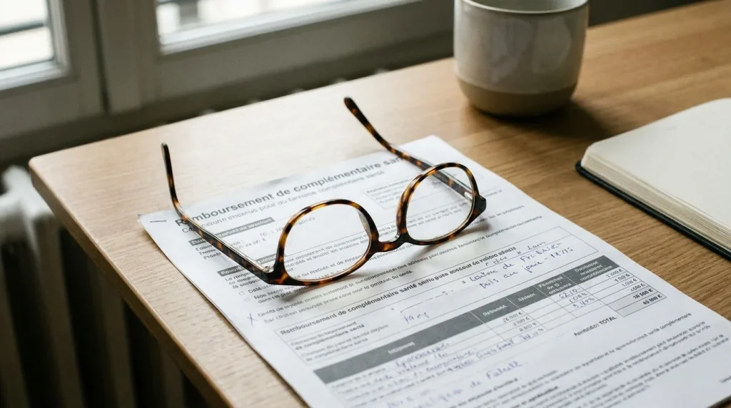 Paire de lunettes posée sur un document de remboursement de complémentaire santé sur un bureau épuré