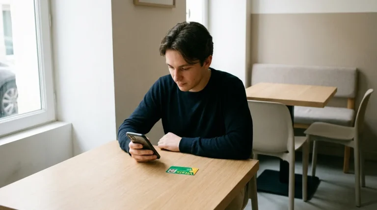 Jeune adulte consultant son téléphone avec une carte Vitale posée sur une table