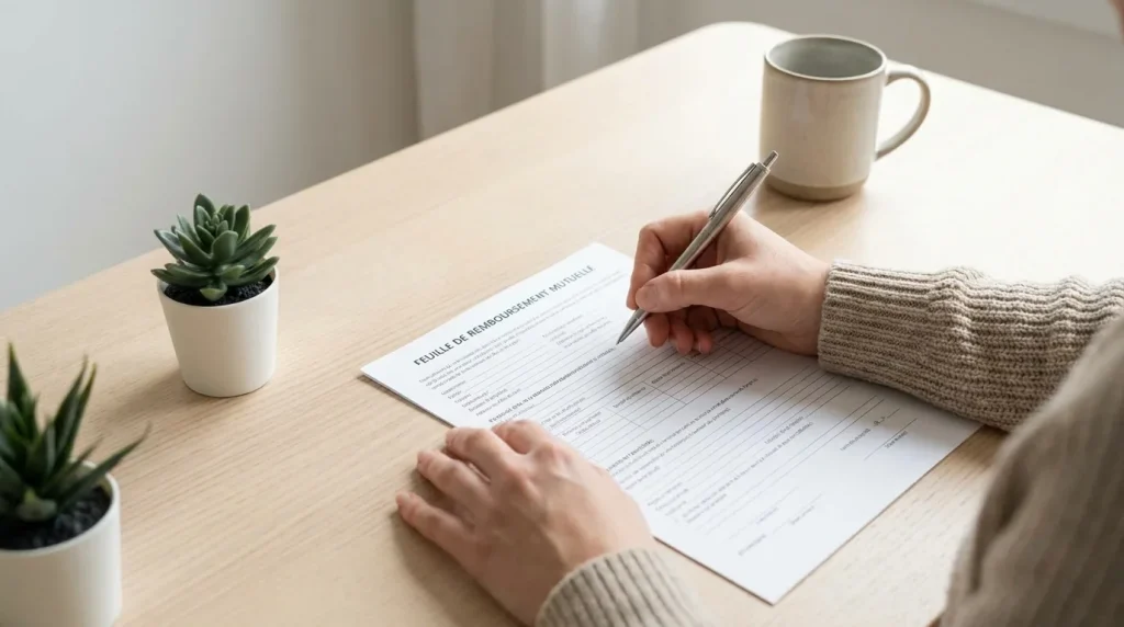 Personne tenant une feuille de remboursement mutuelle, stylo en main, sur un bureau épuré