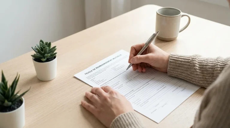 Personne tenant une feuille de remboursement mutuelle, stylo en main, sur un bureau épuré