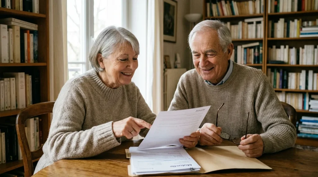 Couple de retraités consultant des documents de mutuelle à la maison, lumière naturelle