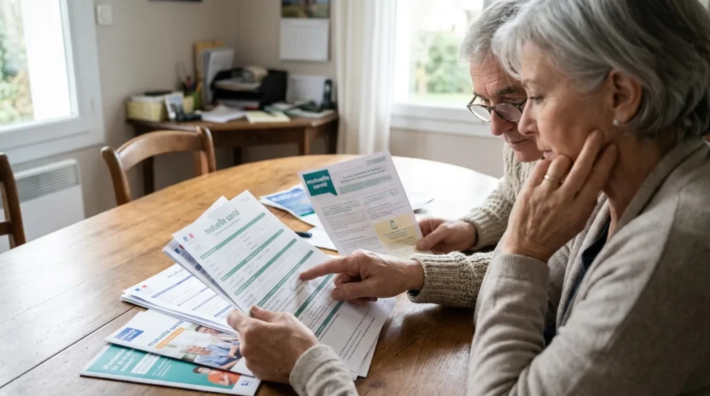 Couple de retraités consultant des documents de complémentaire santé à leur domicile
