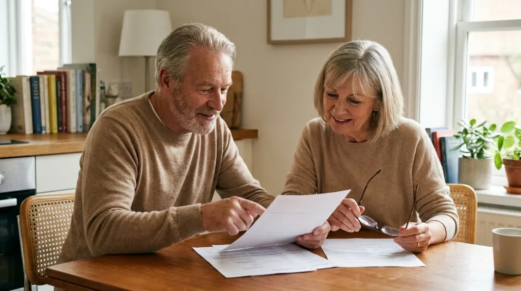 Couple de seniors consultant des documents d'assurance santé à la maison dans une atmosphère détendue