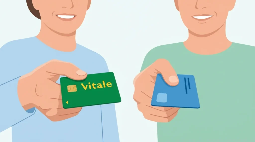 Deux documents représentant la carte Vitale et la carte mutuelle côte à côte sur fond clair