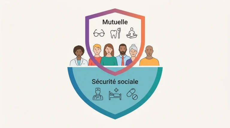Schéma simplifié montrant les deux niveaux de protection santé, Sécurité sociale et mutuelle complémentaire