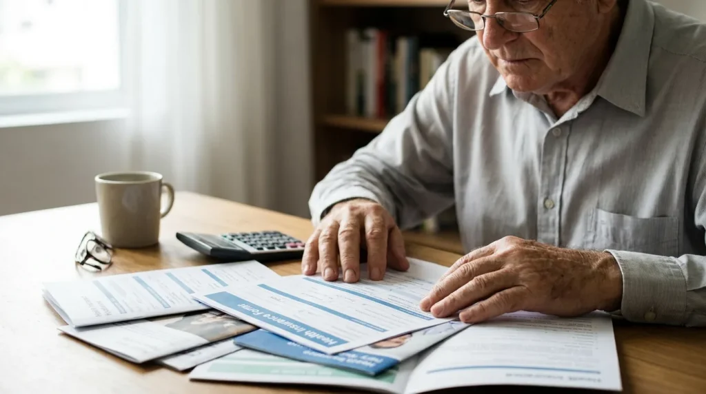 Senior de plus de 70 ans consultant des documents de complémentaire santé à son bureau
