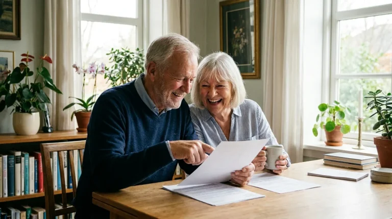 Couple de seniors examinant des documents de mutuelle santé à leur domicile