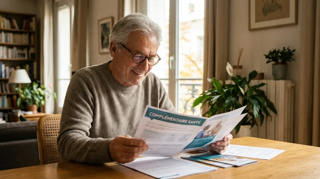 Senior souriant consultant des documents de complémentaire santé à son domicile