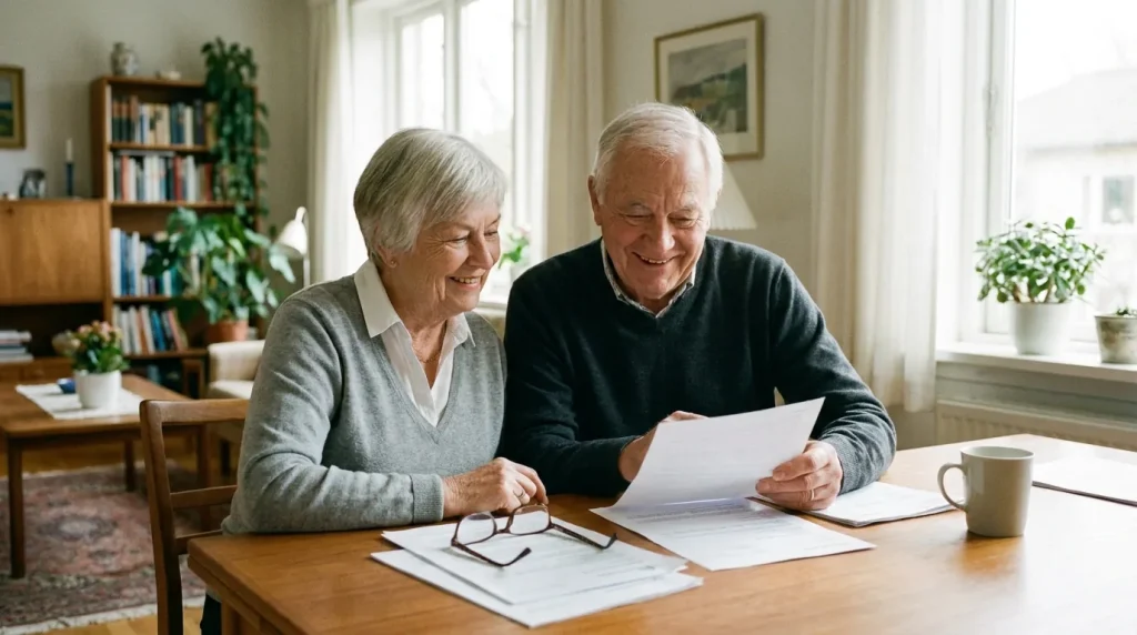 Couple de retraités consultant des documents de mutuelle santé à leur domicile