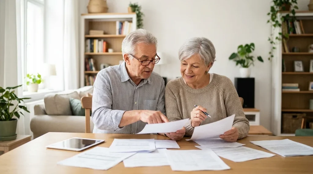 Couple de retraités consultant des documents de complémentaire santé à domicile