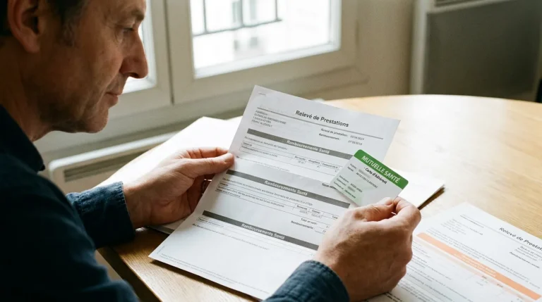 Personne examinant des documents de remboursement de santé avec une carte mutuelle sur la table