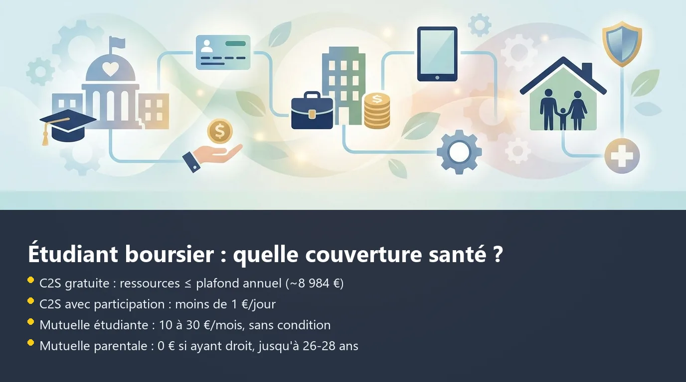 Schéma des trois options de couverture santé pour un étudiant boursier : C2S, mutuelle commerciale, mutuelle parentale