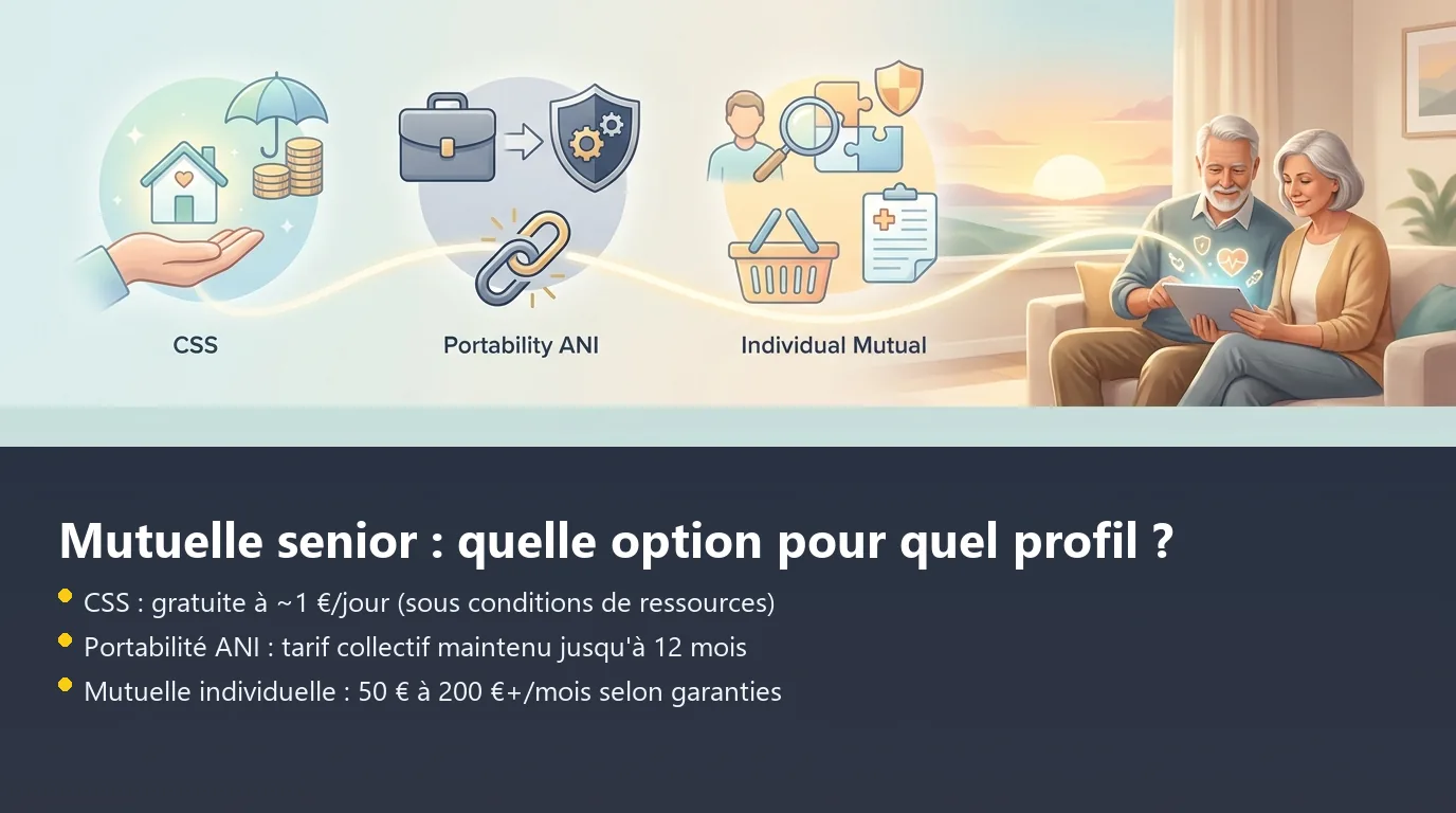Comparaison des trois options pour réduire le coût d'une mutuelle senior : CSS, portabilité ANI et mutuelle individuelle