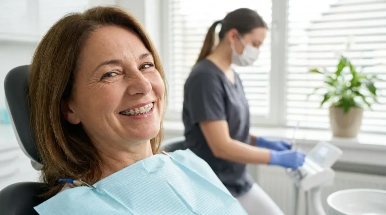 Adulte souriant lors d'une consultation chez l'orthodontiste, cabinet dentaire en arrière-plan