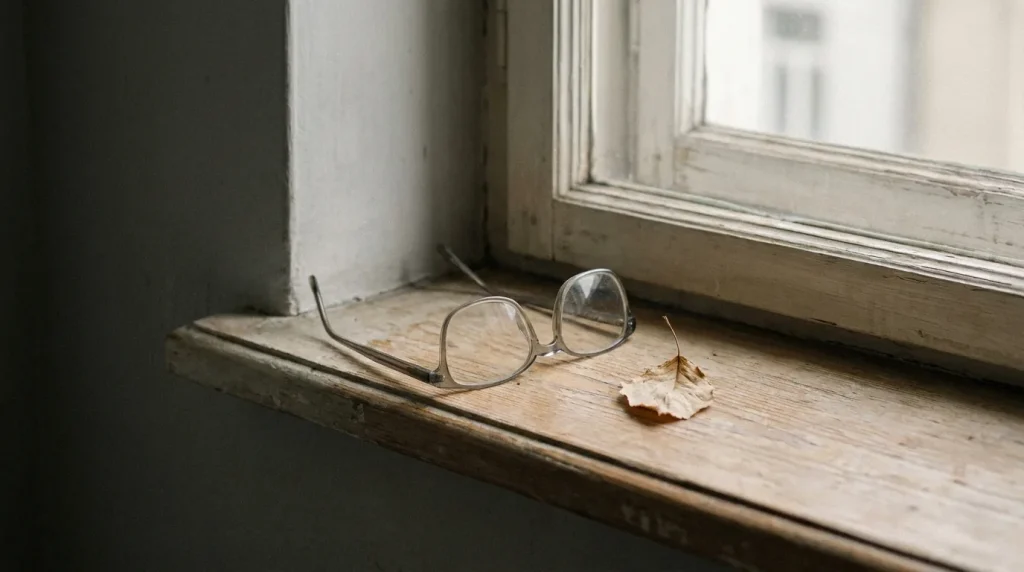 Paire de lunettes de vue posée sur une surface épurée, évoquant l'oubli ou la perte