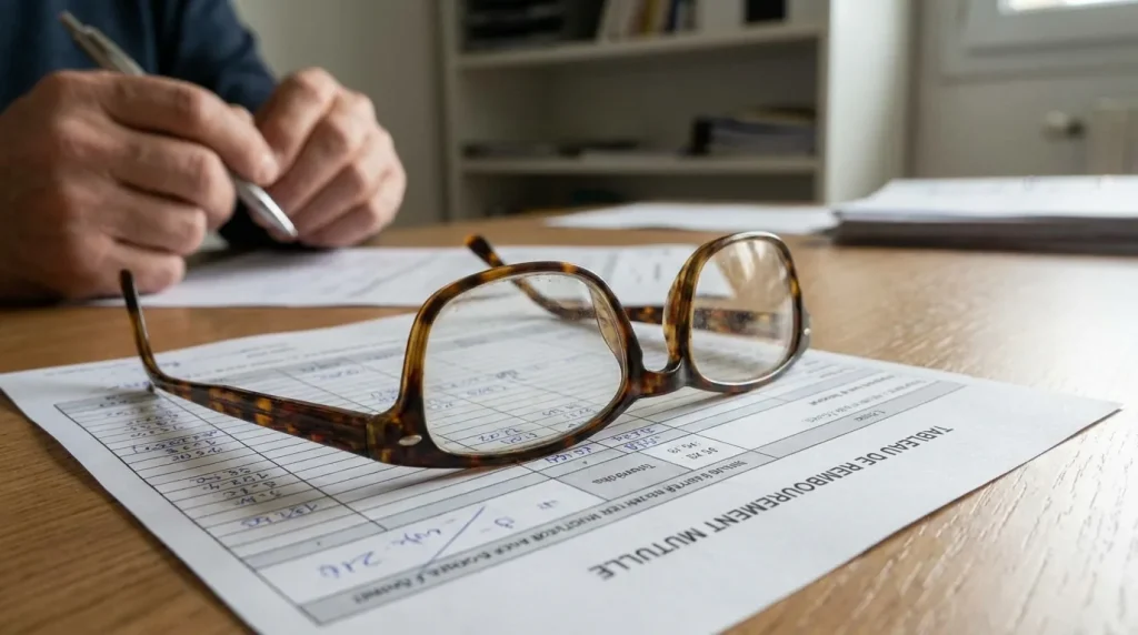 Paire de lunettes posée sur un document de remboursement mutuelle, fond neutre sobre