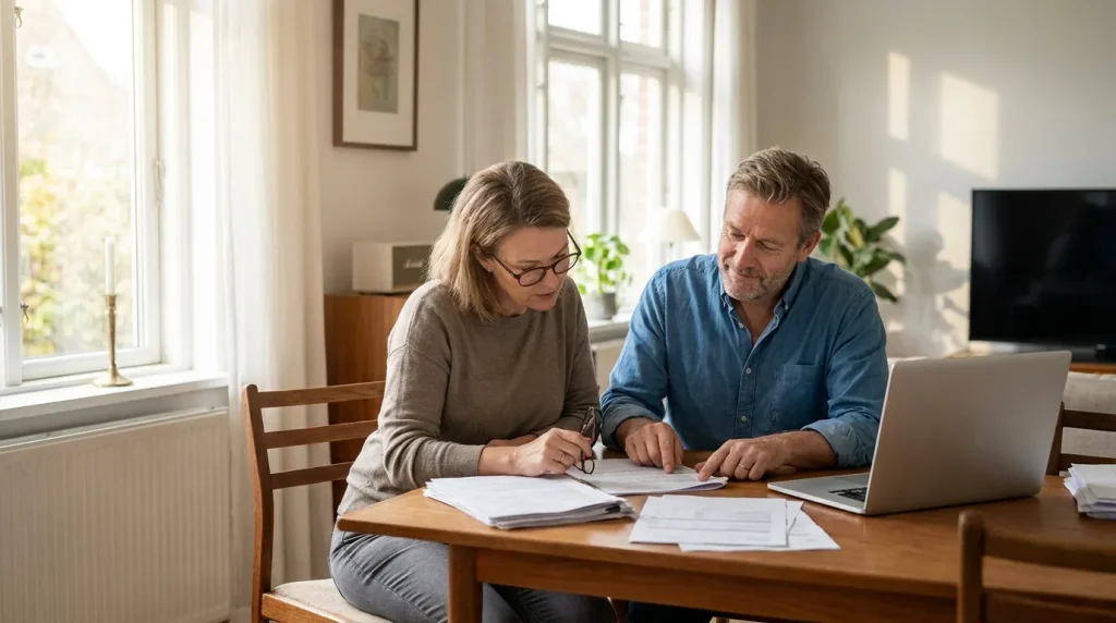 Couple consultant des documents de complémentaire santé à leur domicile