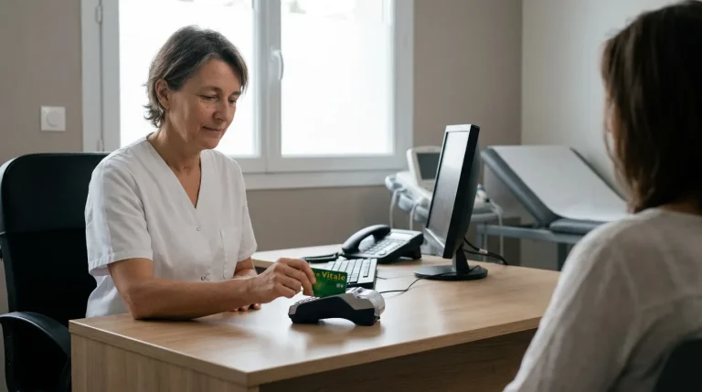 Professionnel de santé utilisant un terminal de paiement avec carte Vitale dans un cabinet médical