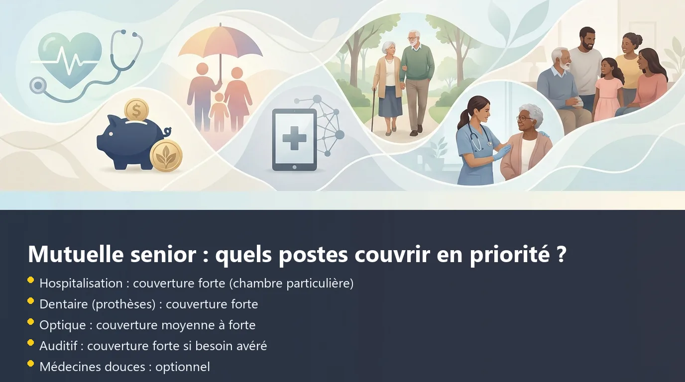 Infographie des quatre postes de soins prioritaires dans une mutuelle senior : hospitalisation, dentaire, optique et auditif