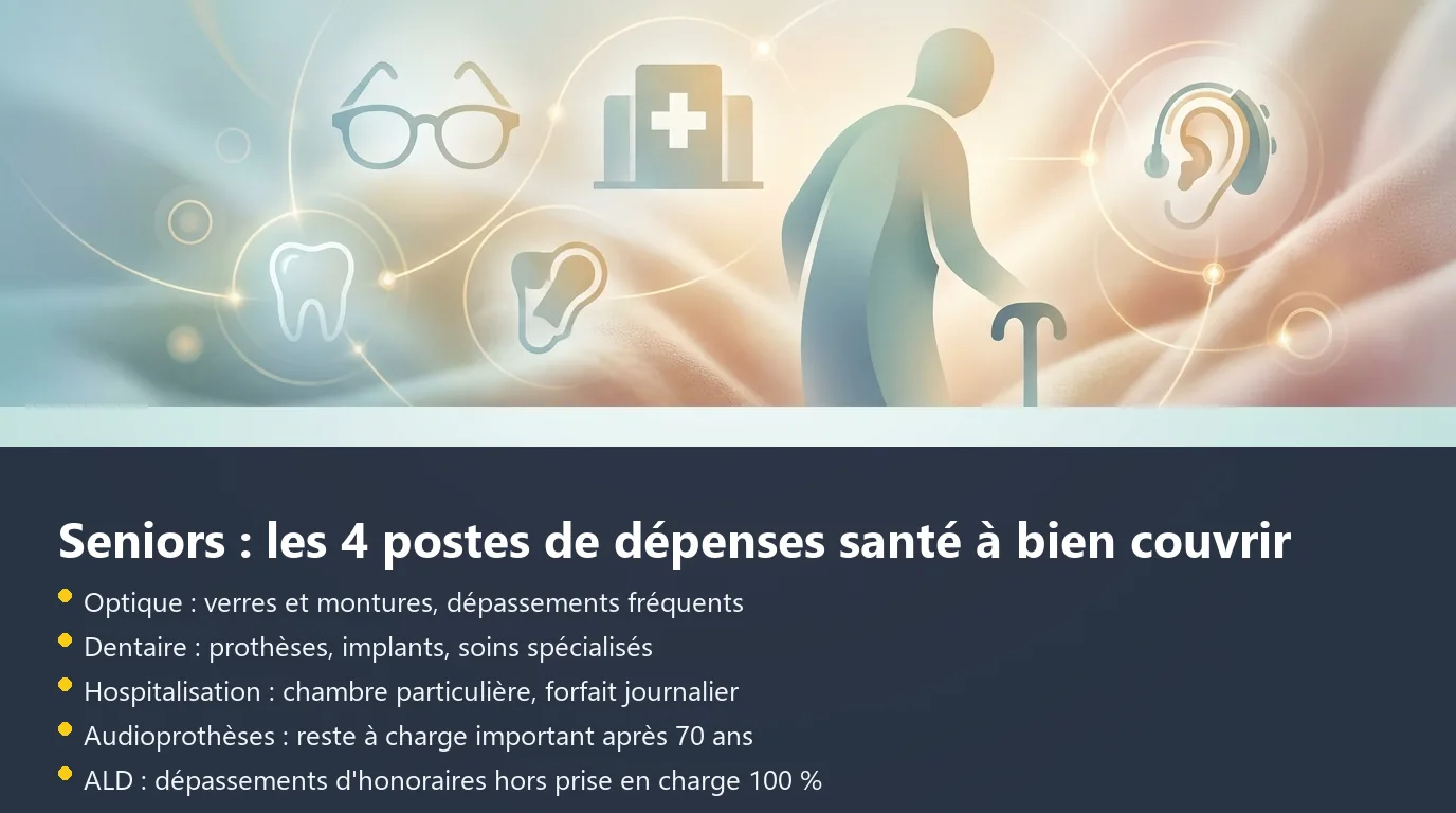Infographie des quatre postes de dépenses santé les plus fréquents chez les seniors : optique, dentaire, hospitalisation et audioprothèses