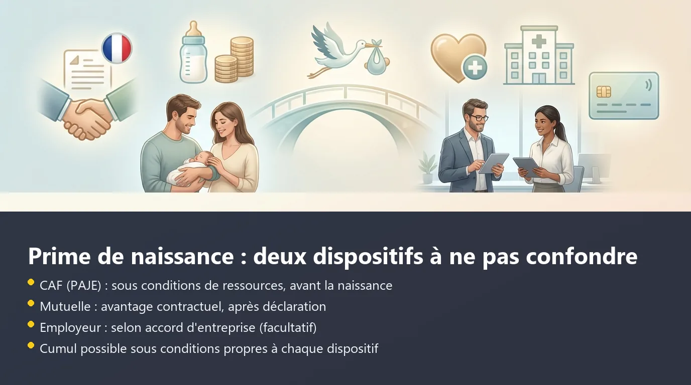 Schéma comparatif entre la prime de naissance CAF (PAJE) et la prime de naissance versée par la mutuelle