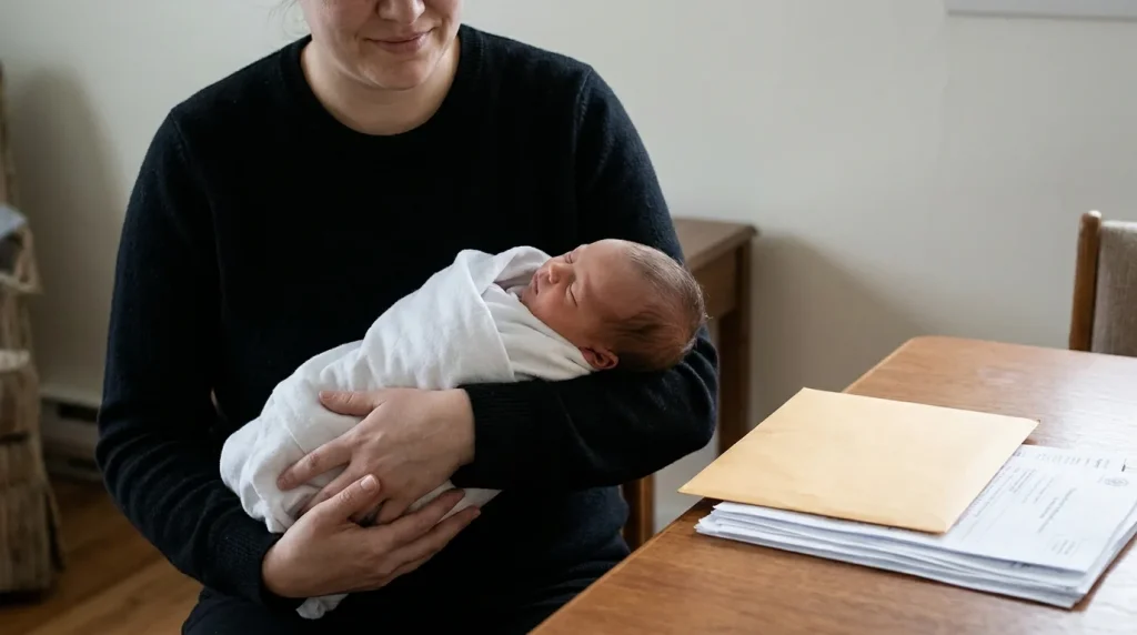 Parent tenant un nouveau-né avec un document administratif posé à côté, lumière naturelle douce