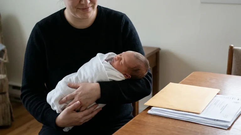 Parent tenant un nouveau-né avec un document administratif posé à côté, lumière naturelle douce