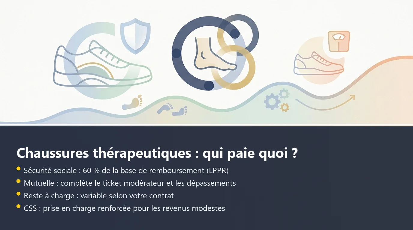 Infographie sur la répartition du remboursement des chaussures thérapeutiques entre Sécurité sociale, mutuelle et reste à charge