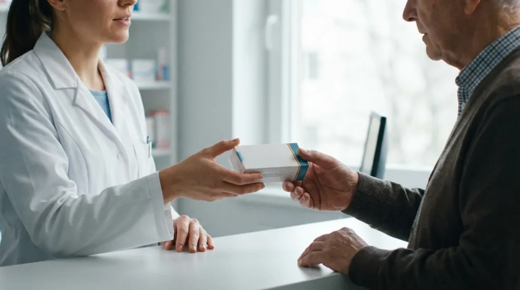 Pharmacienne tendant une boîte de vaccin antigrippal à un patient âgé au comptoir d'une pharmacie