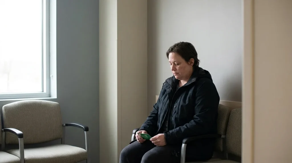 Personne assise en salle d'attente médicale tenant une carte Vitale, lumière naturelle