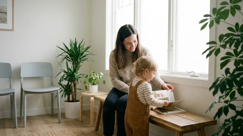 Parent et enfant dans la salle d'attente d'un cabinet médical, lumière naturelle