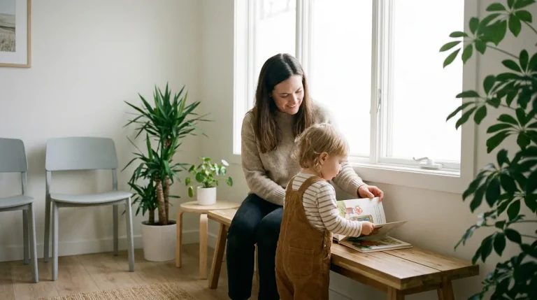 Parent et enfant dans la salle d'attente d'un cabinet médical, lumière naturelle
