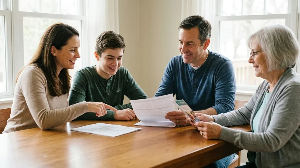 Famille comparant des documents de mutuelle santé sur une table dans une atmosphère détendue