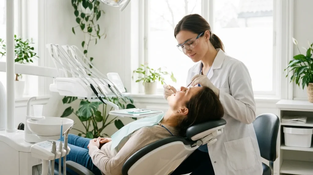 Patient assis dans un fauteuil dentaire, dentiste en blouse blanche procédant à un examen bucco-dentaire dans un cabinet lumineux