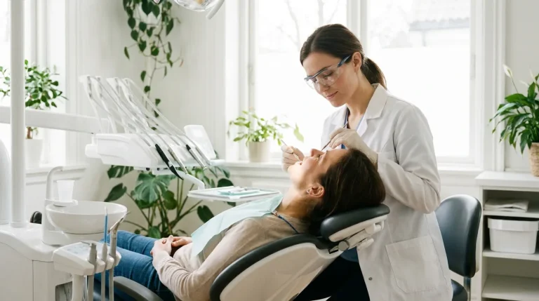 Patient assis dans un fauteuil dentaire, dentiste en blouse blanche procédant à un examen bucco-dentaire dans un cabinet lumineux