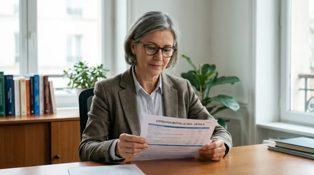 Personne de cinquante ans consultant un document de cotisation mutuelle à son bureau
