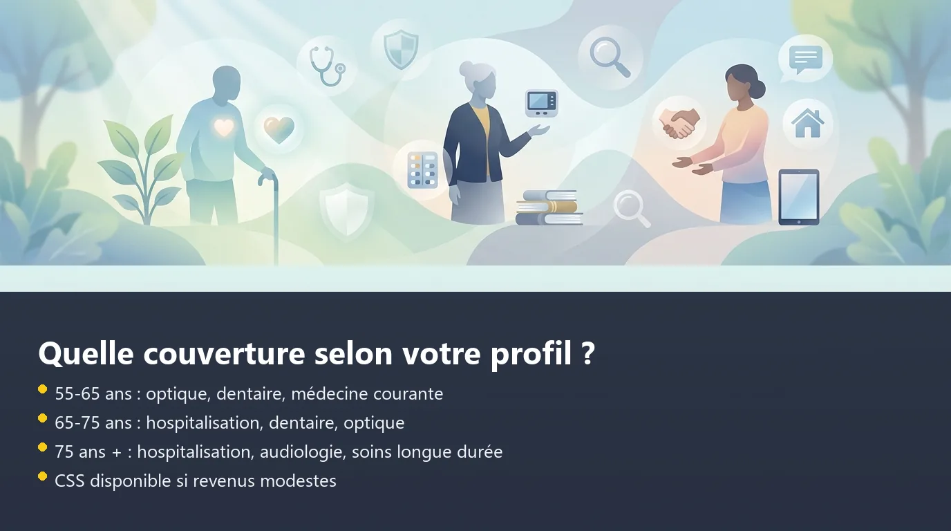 Infographie des trois profils types de seniors et leurs besoins de couverture santé prioritaires