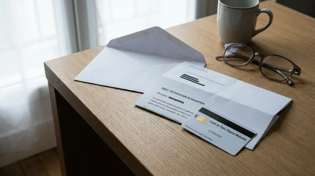 Courrier officiel de radiation de mutuelle posé sur un bureau à côté d'une carte de complémentaire santé