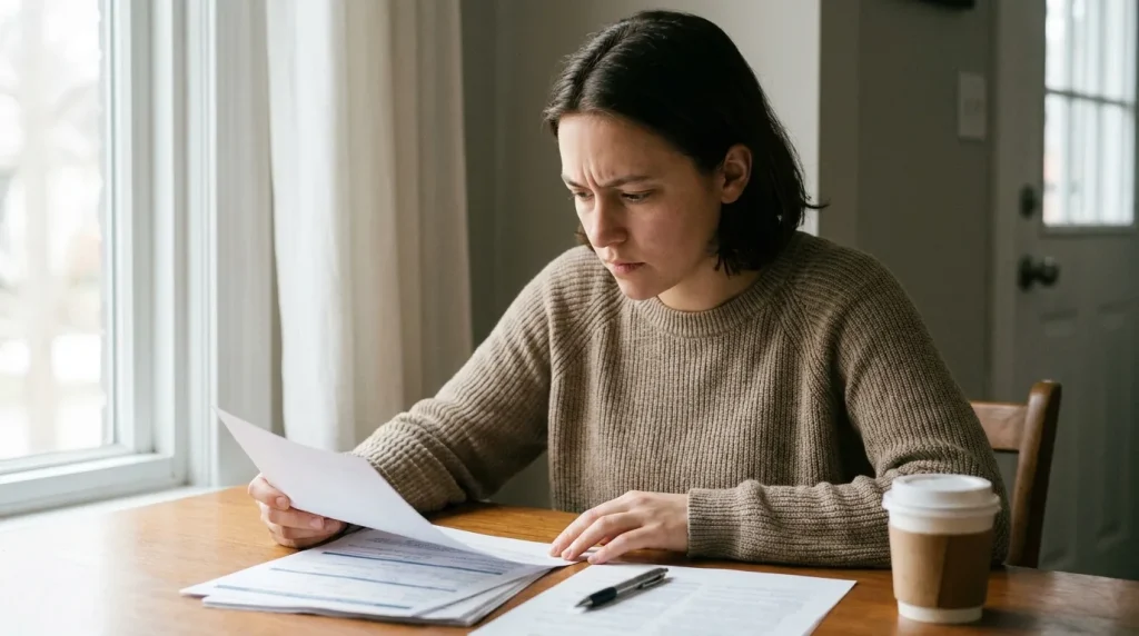 Jeune adulte consultant des documents d'assurance santé à une table